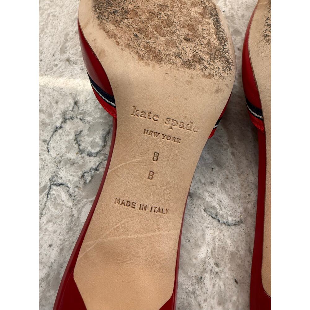 Kate Spade New York Red Leather Slip-on Kitten Heel Blue Striped Bow Size 8 - Picture 8 of 9